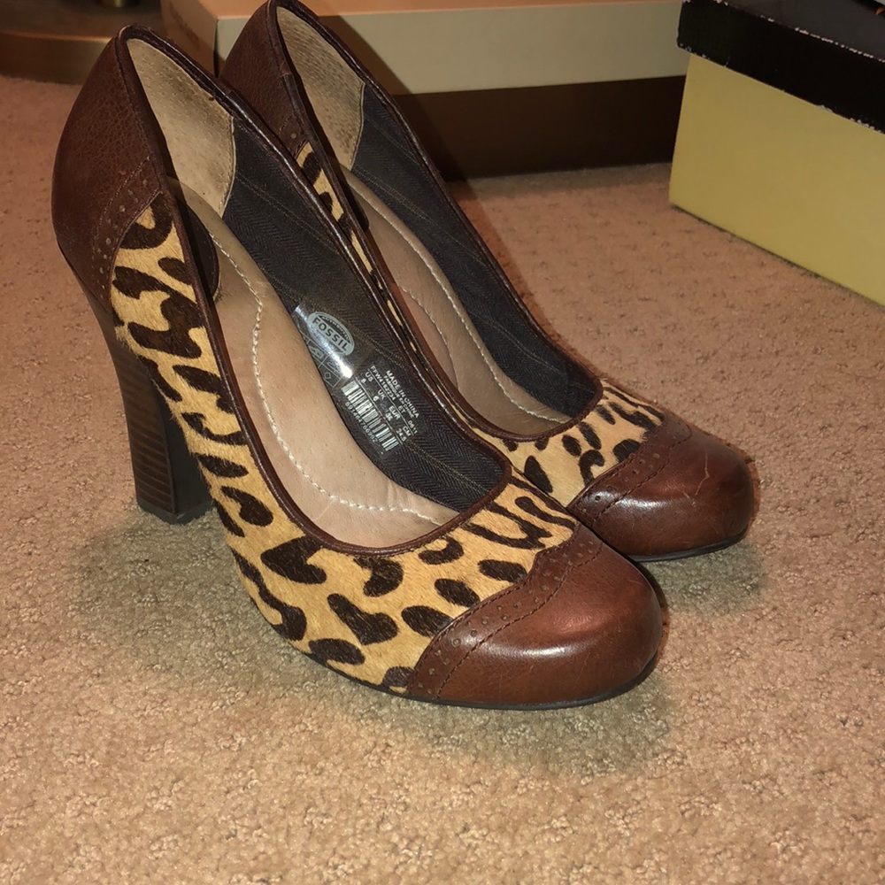 Fossil Heels, Cheetah and Brown Leather